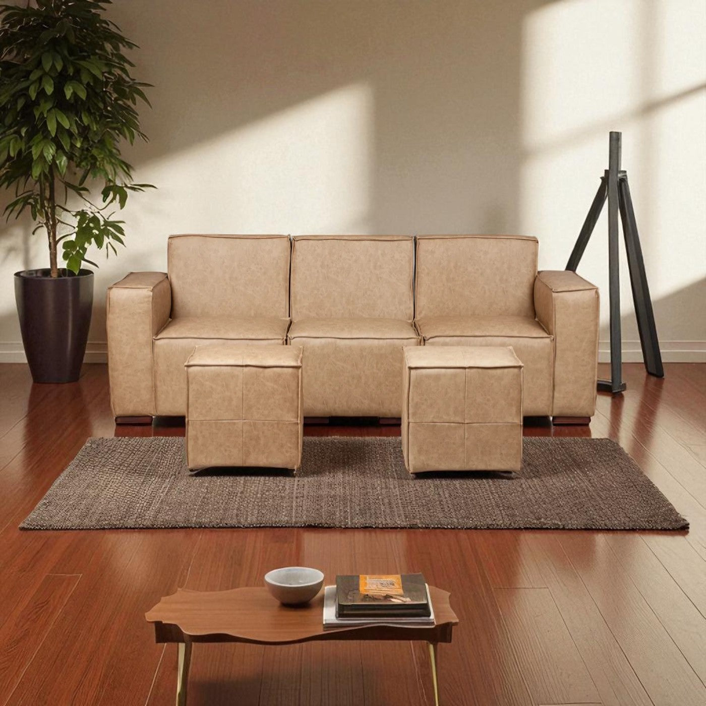 Sofá Modular Fortaleza 3 Cuerpos y 2 Poufs Cuero Reconstituido