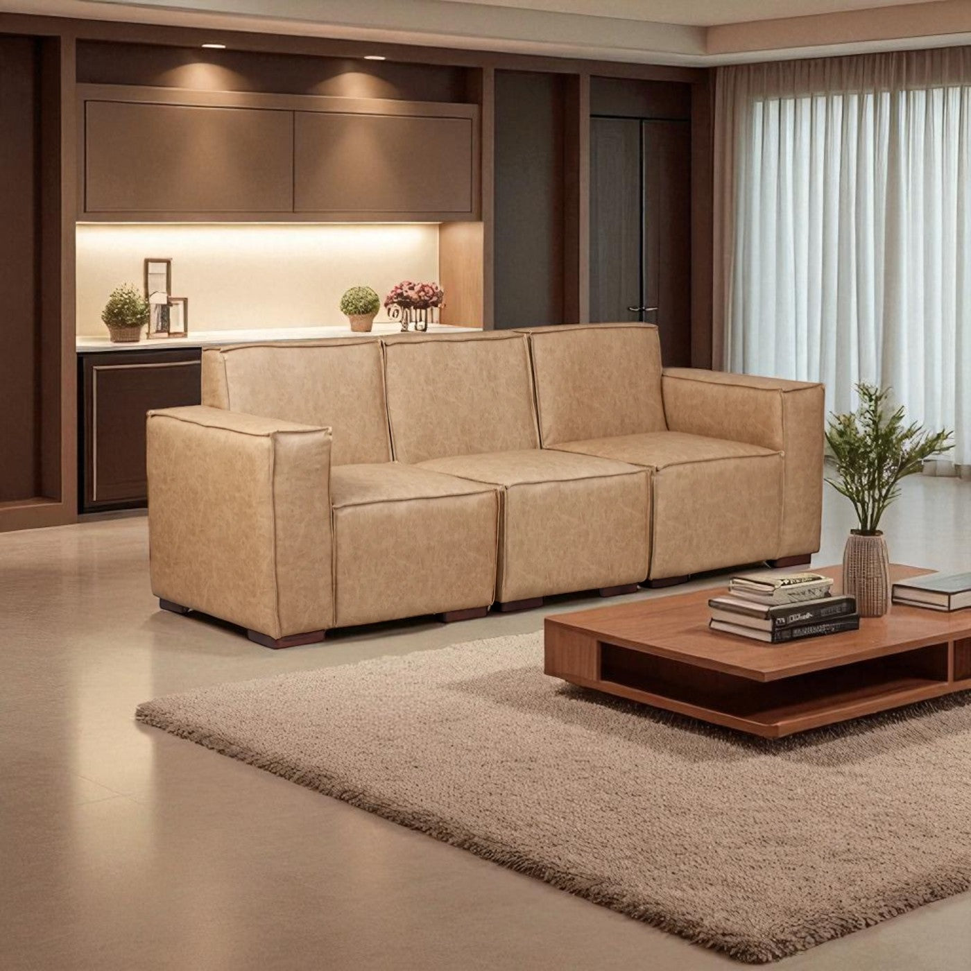 Sofá Modular Fortaleza 3 Cuerpos y 2 Poufs Cuero Reconstituido