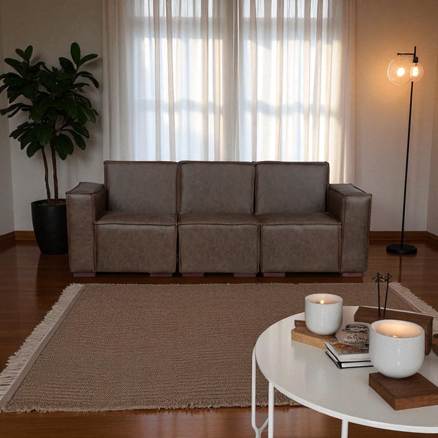 Sofá Modular Fortaleza 3 Cuerpos y 2 Poufs Cuero Reconstituido