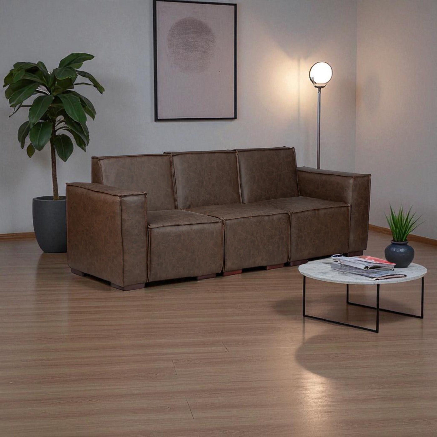 Sofá Modular Fortaleza 3 Cuerpos y 2 Poufs Cuero Reconstituido