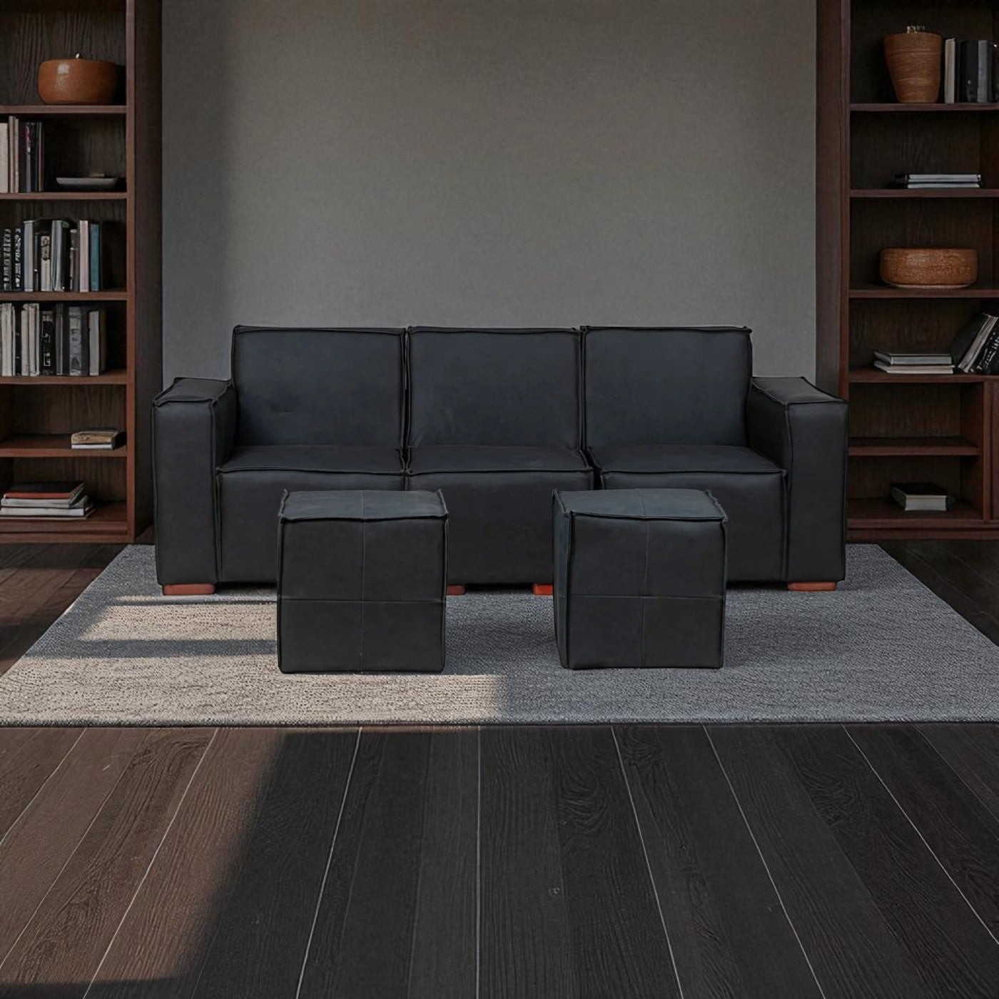 Sofá Modular Fortaleza 3 Cuerpos y 2 Poufs Cuero Reconstituido