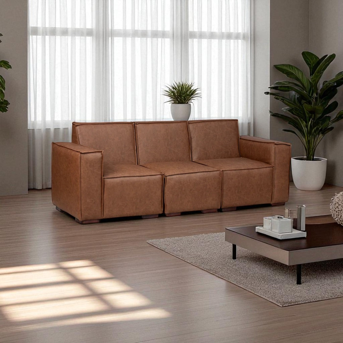 Sofá Modular Fortaleza 3 Cuerpos y 2 Poufs Cuero Reconstituido