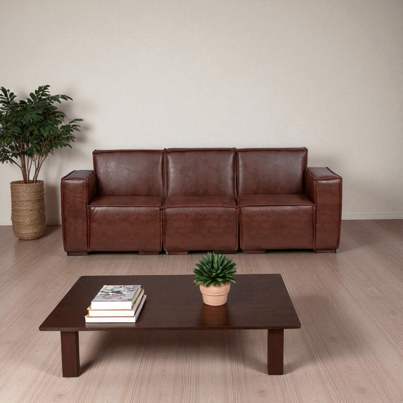 Sofá Modular Fortaleza 3 Cuerpos y 2 Poufs Cuero Reconstituido