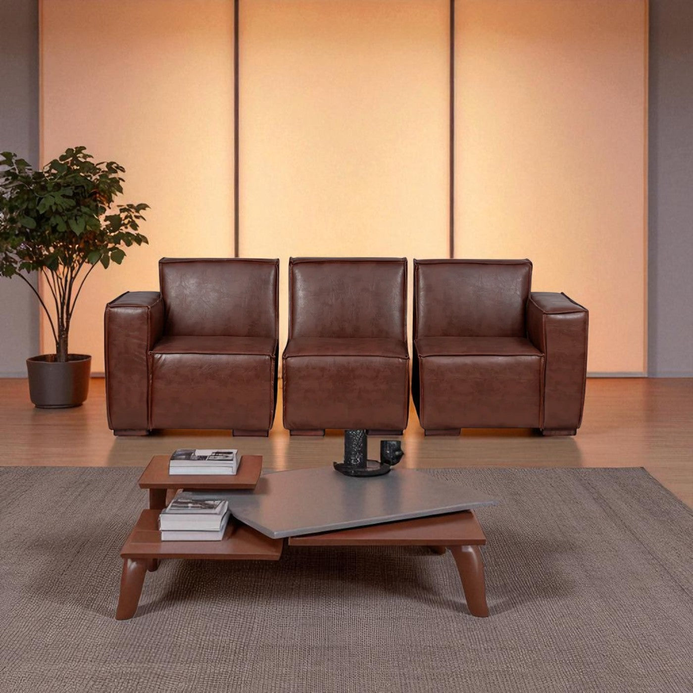 Sofá Modular Fortaleza 3 Cuerpos y 2 Poufs Cuero Reconstituido